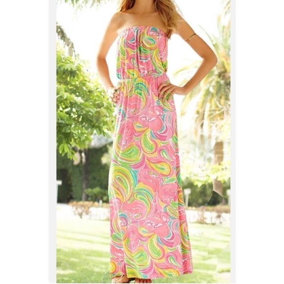 Lilly Pulitzer Marlisa Strapless Maxi Dress All Nighter Pink and Green Size XS - Picture 1 of 6